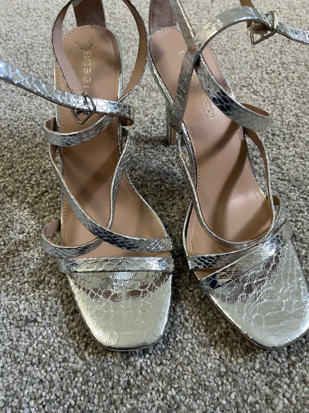 BCBGeneration silver strappy heels